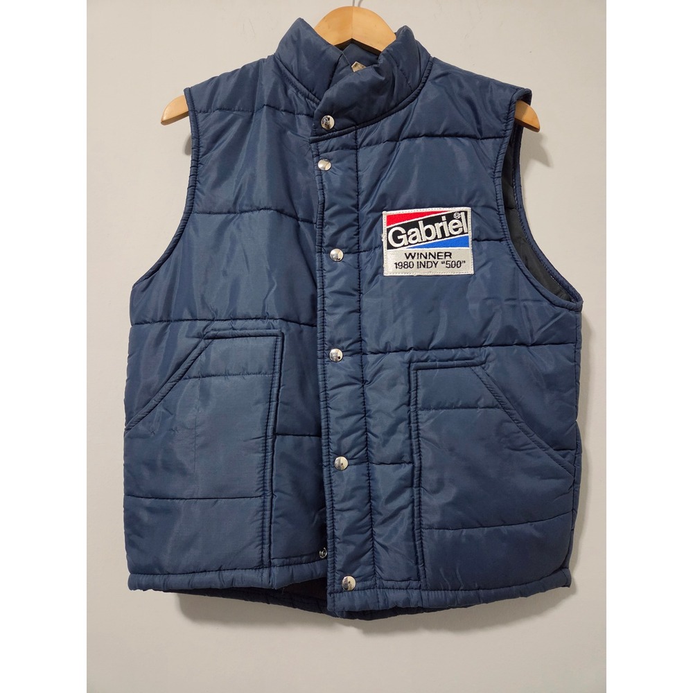Vintage 1980 Gabriel Indy 500 Puffer Vest Mens Medium Navy Blue Quilted Racing